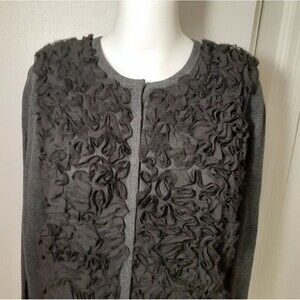 Ann Taylor Loft cardigan sweater womens s gray black ribbon trim Ruffle feminine